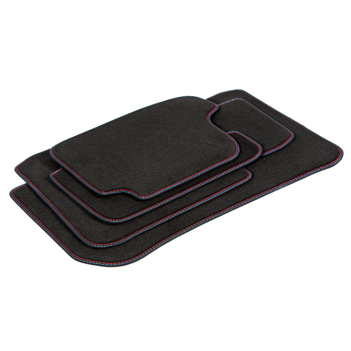 Set of black car mats with red and blue stitching on a white background