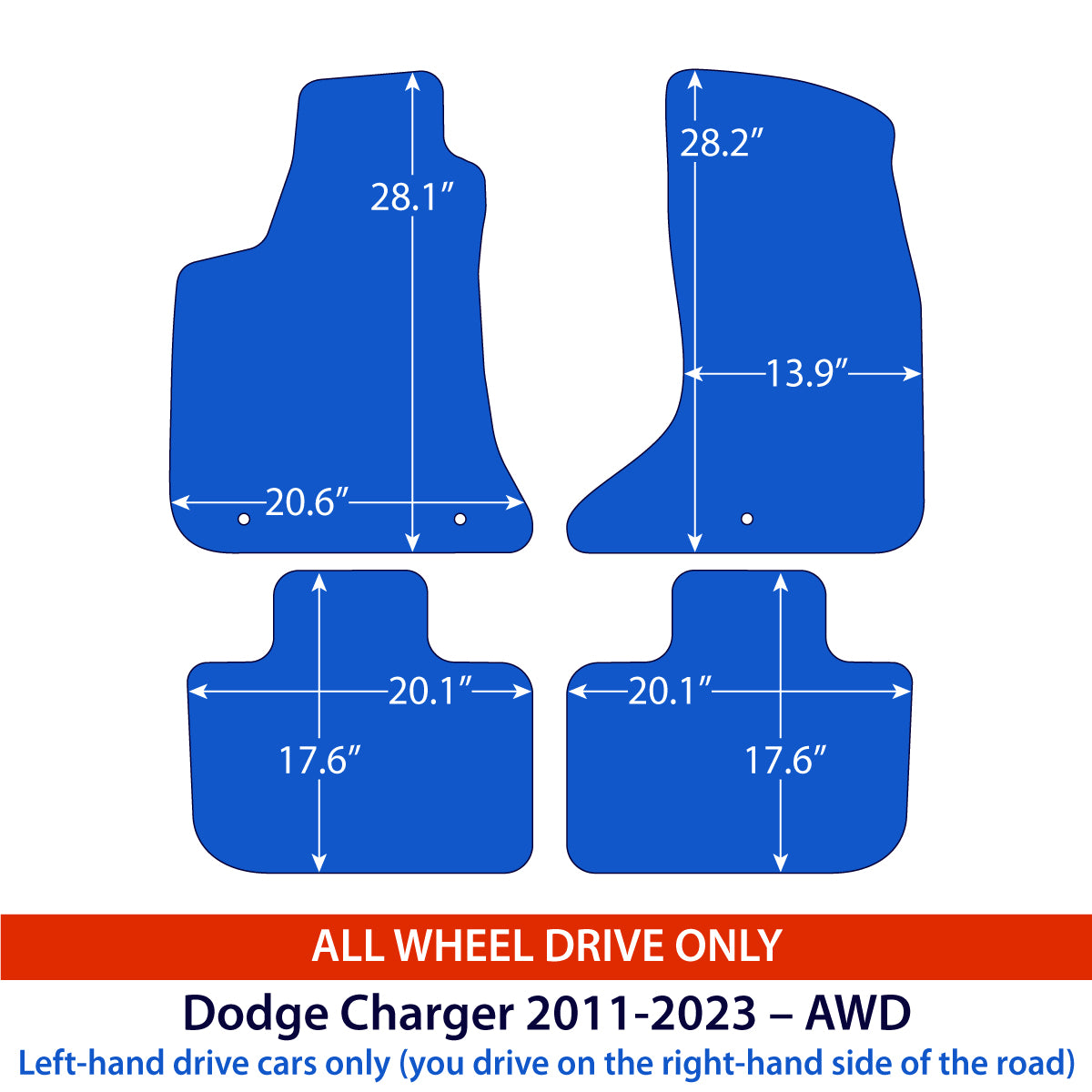 Dodge Charger Sedan Velour Floor Mats 2011–2023 – AWD – Black