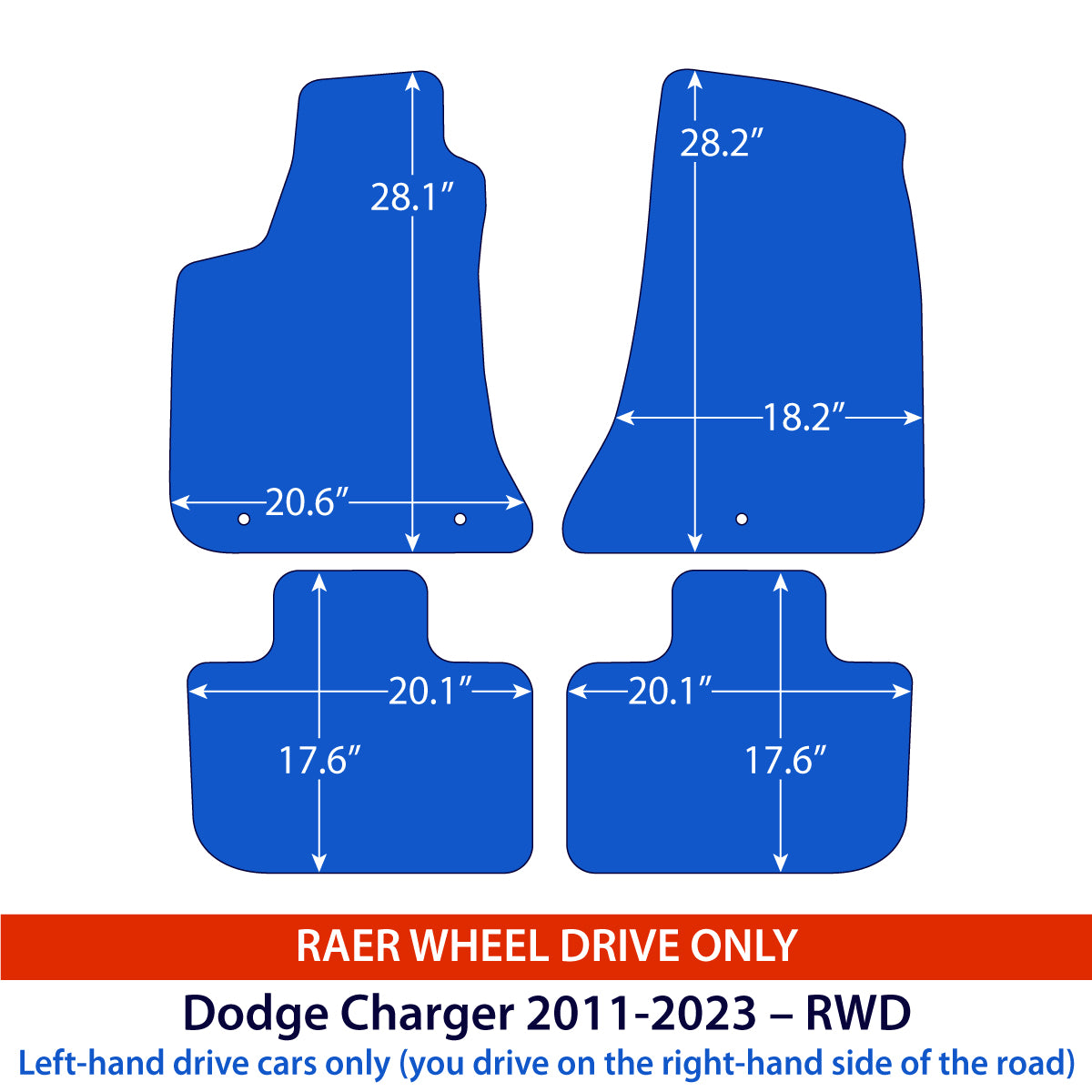 Dodge Charger Sedan Velour Floor Mats 2011–2023 – RWD – Black