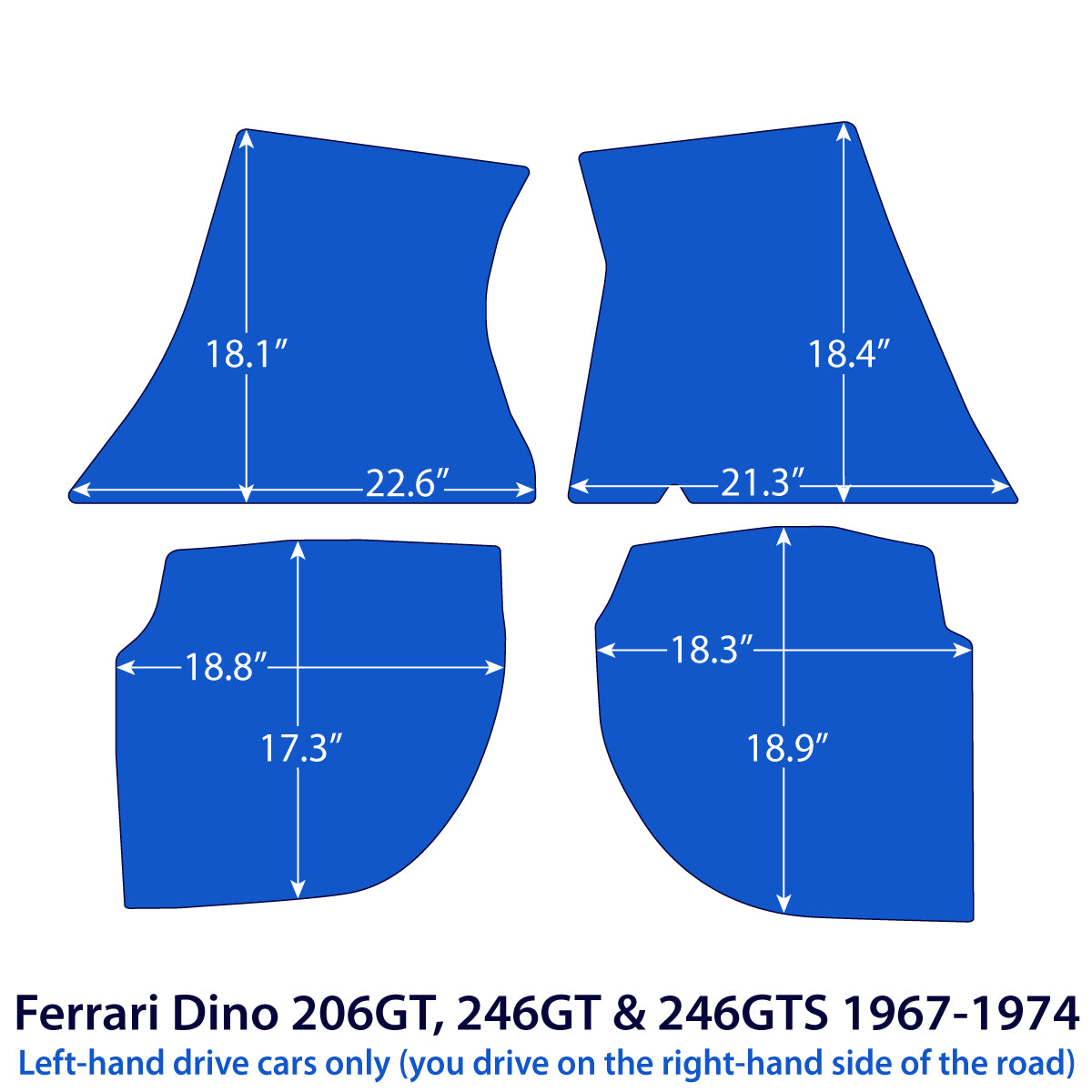 Ferrari Dino 206 GT, 246 GT &amp; 246 GTS Velour Floor Mats 1967-1974 – Black