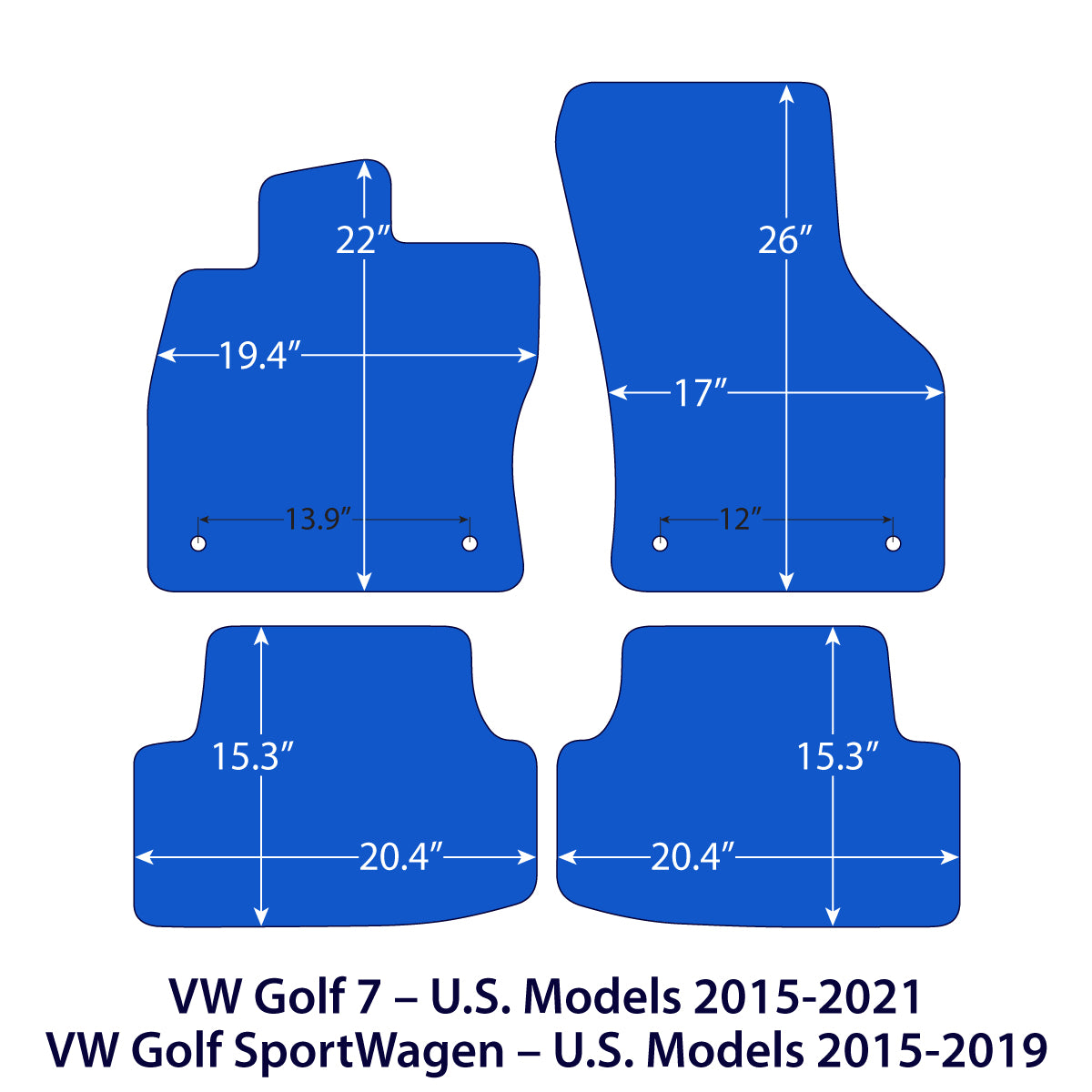 Volkswagen Golf 7 &amp; Golf SportWagen Velour Floor Mats 2015-2021 – Black