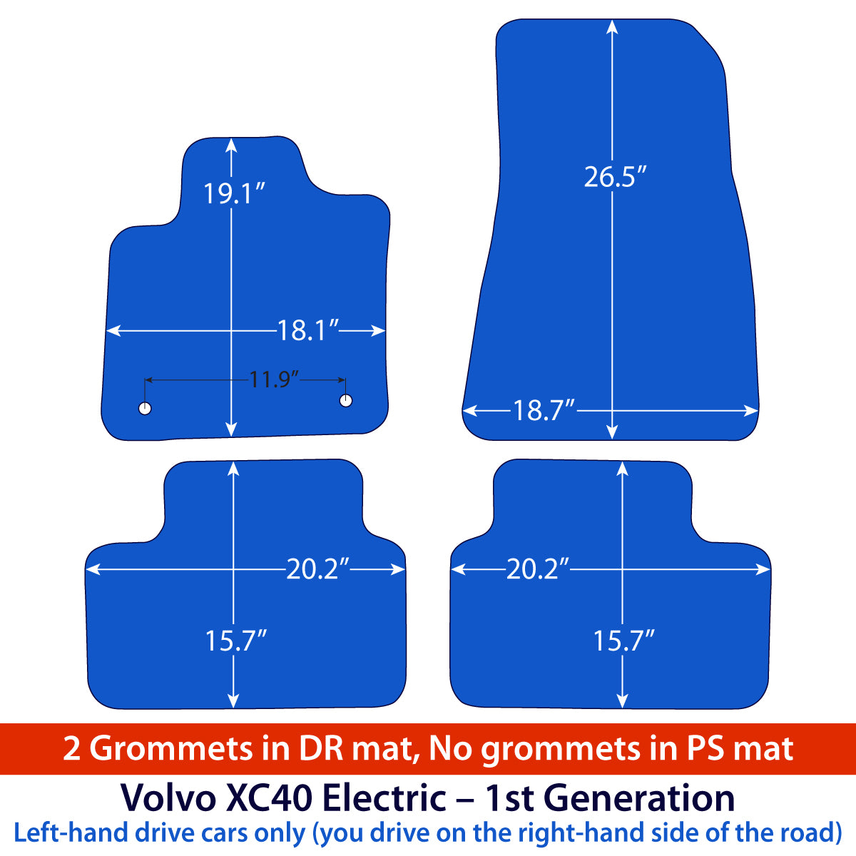 Volvo XC40 Electric Velour Floor Mats 2023-2025 – Clips in DR mat only – Flag Logo